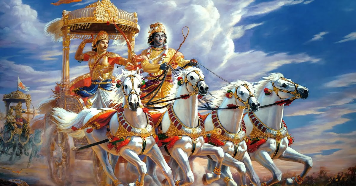 Krishna serving as Arjuna's charioteer on the battlefield of Kurukshetra
