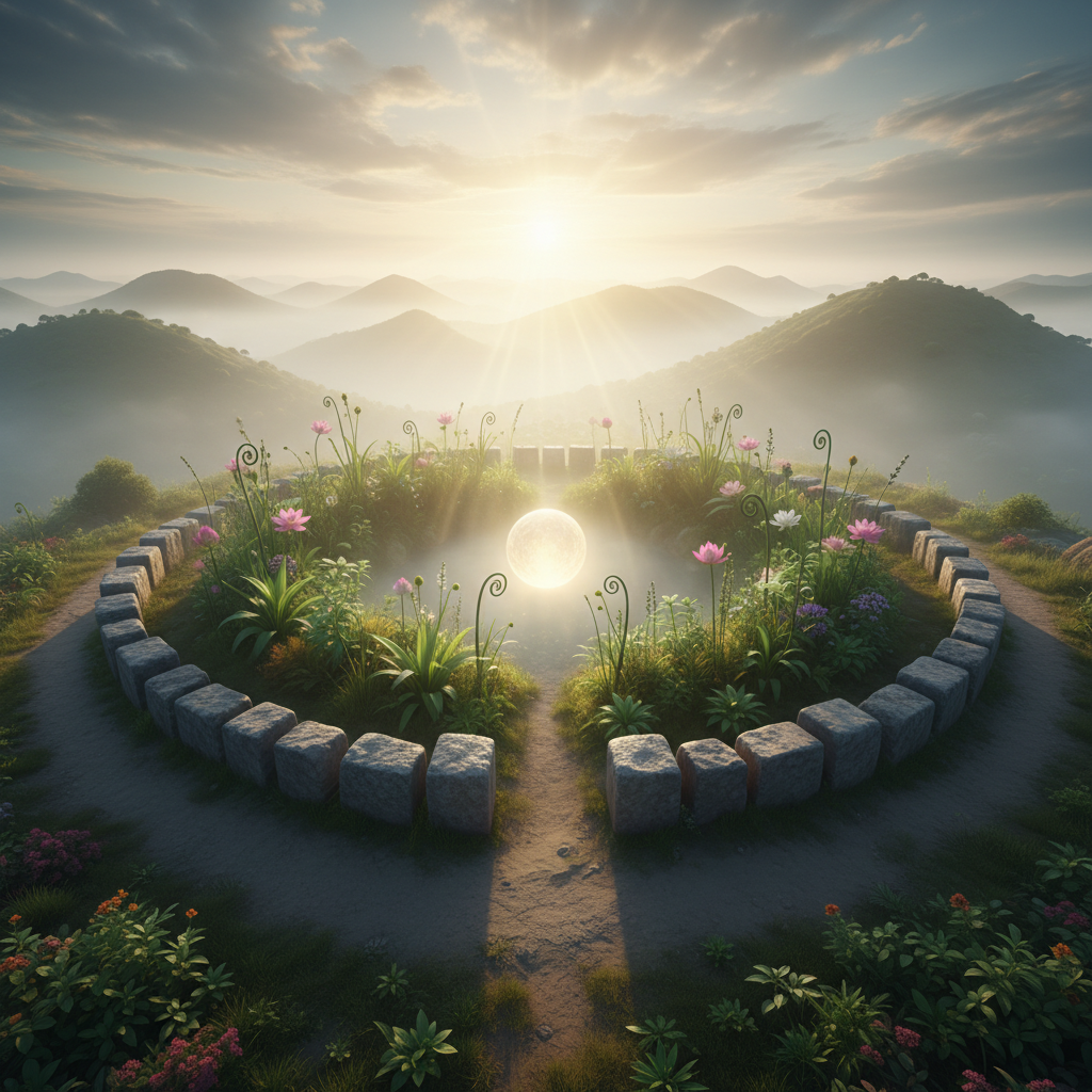 a visual metaphor for wholeness, health, and holiness, perhaps incorporating elements like a complete circle, healthy gr