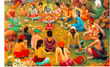 Krishna with cowherd friends enjoying a forest picnic