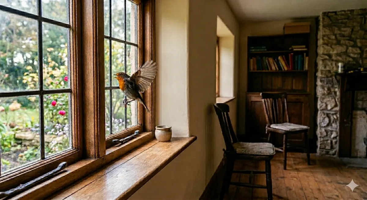 A bird trapped inside a room with a visible window, 3:2 aspect ratio, no letterboxing, high quality digital art
