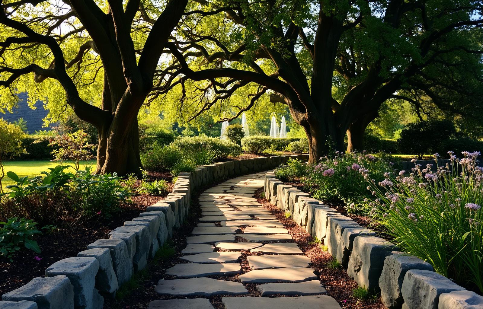 A weathered stone path through a peaceful garden